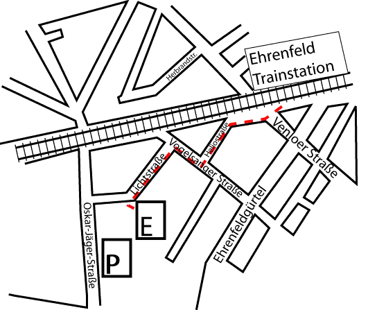 Detailed map of how to get from Ehrenfeld Bf to the Evoke partyplace